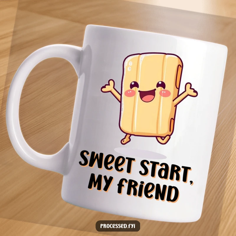 Funny mug featuring a wiggling candy bar in its wrapper, jumping with pure, unadulterated delight and sweet celebration.