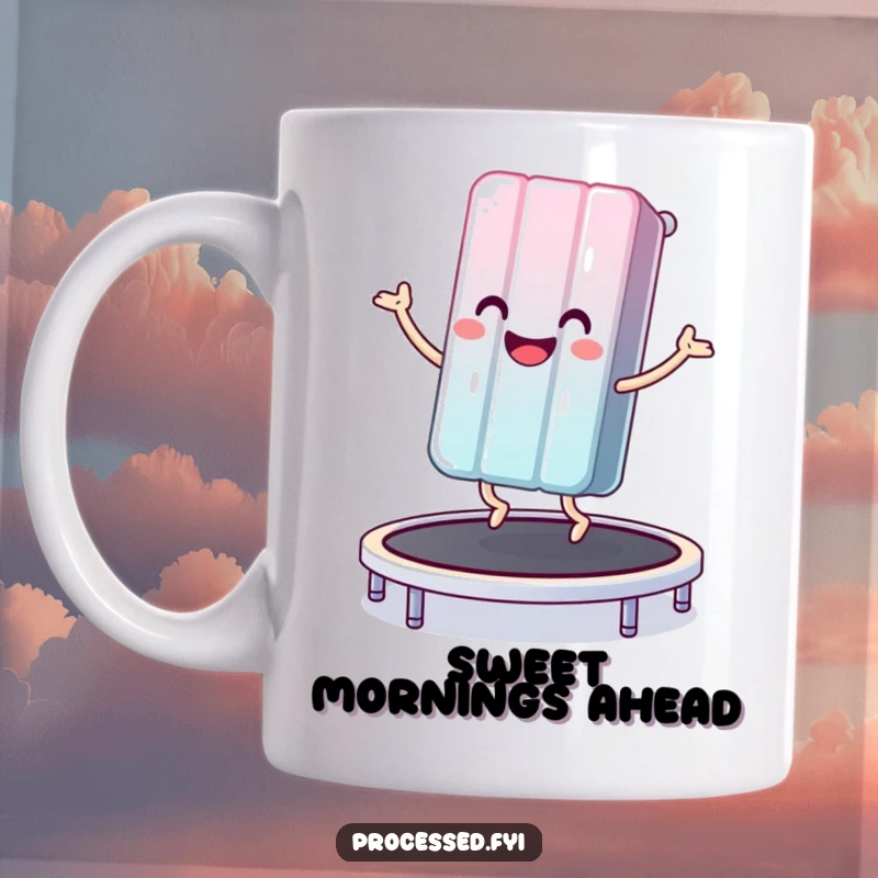 Funny mug featuring a smiling anthropomorphic candy bar happily bouncing high on a trampoline, radiating pure joy.
