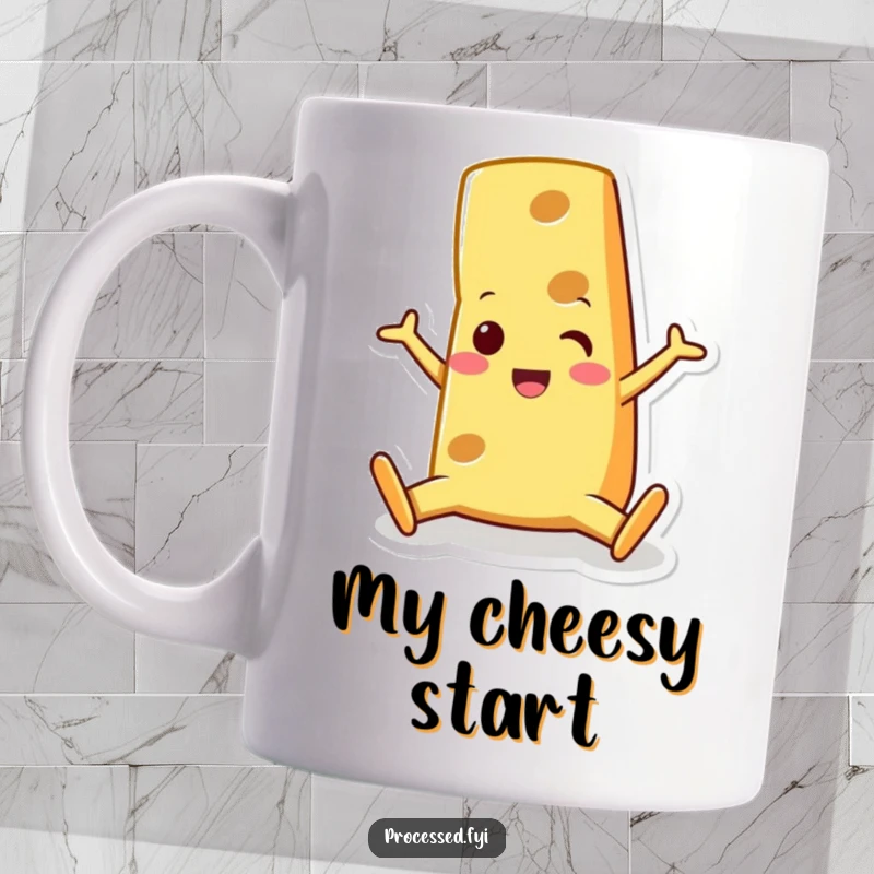 Funny happy cheese wedge character, performing an impressive split with a surprised grin, full of cheesy energy. A hilarious mug.
