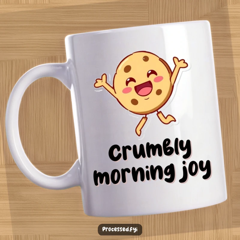 Funny beaming cookie character, joyfully leaping high into the air, radiating pure delight. A sweet and cheerful mug.