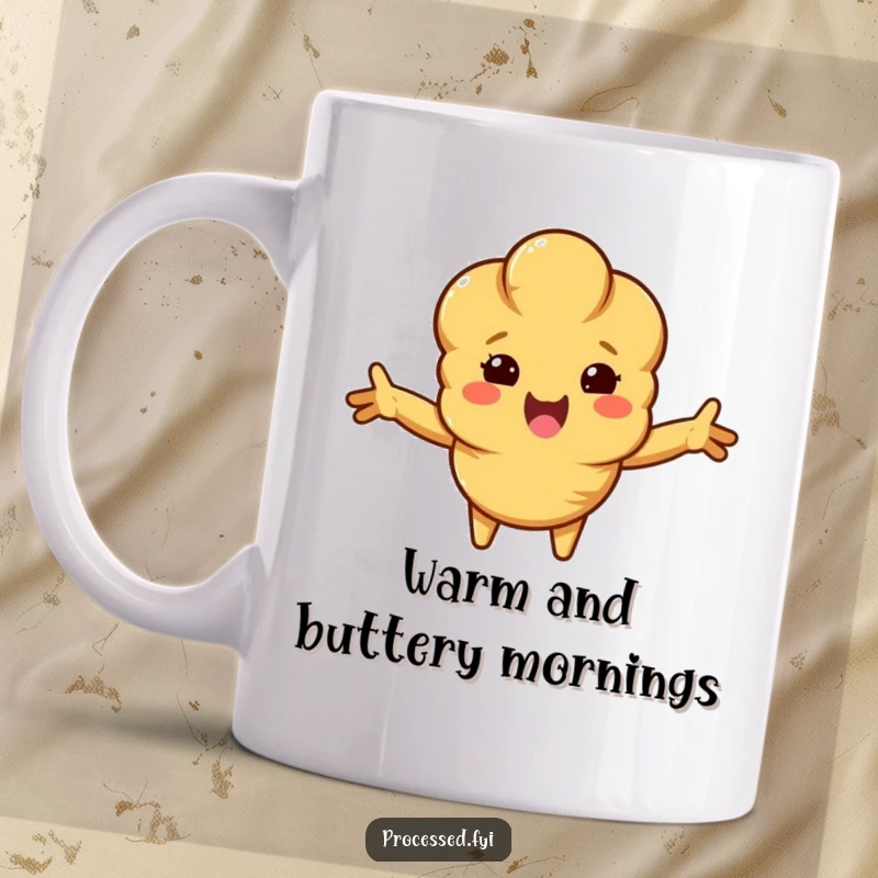Funny croissant mug featuring a beaming, anthropomorphic croissant with outstretched arms, offering a warm, buttery welcome to your morning coffee.