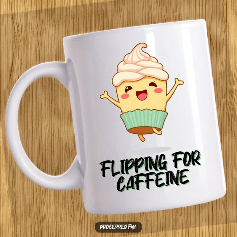 Funny mug featuring a happy cupcake with frosting, performing a joyful, energetic cartwheel with a smile.