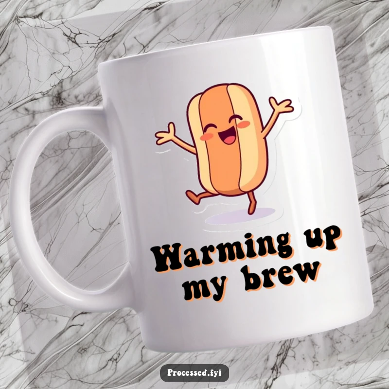 Funny mug featuring a dancing hot dog character wiggling its legs and arms with pure, unadulterated joy.
