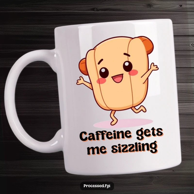 Funny mug depicting a smiling hotdog link with tiny legs performing an energetic, frantic dance, embodying pure joy and culinary fun.