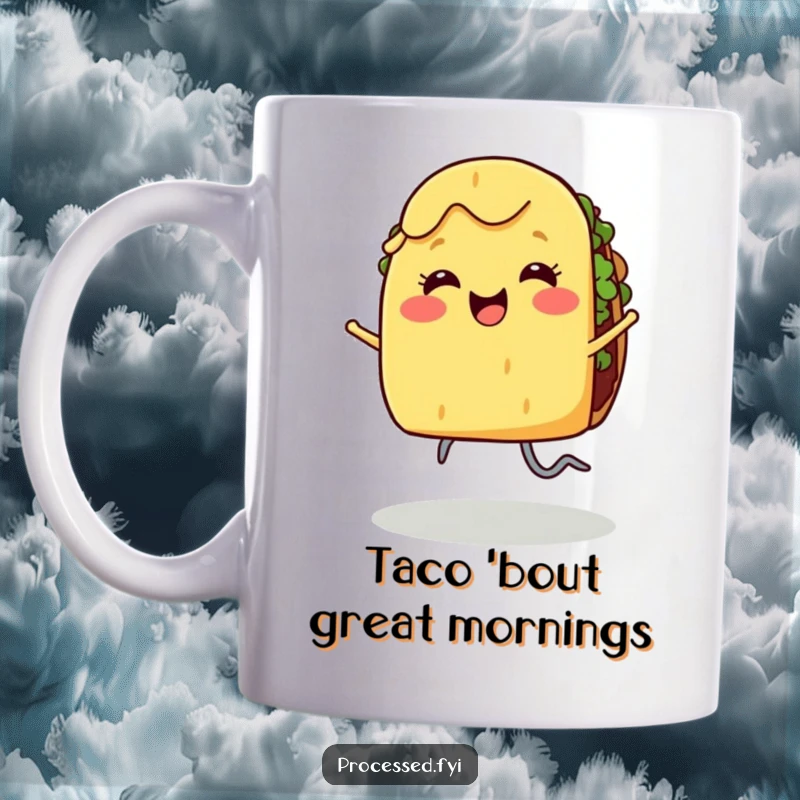 Funny mug showing a smiling taco with legs doing a joyful dance, exuding happiness and food love.