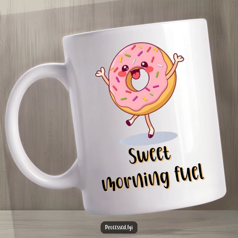 Funny mug featuring a happy donut with sprinkles doing a pirouette, cheerful and delightful