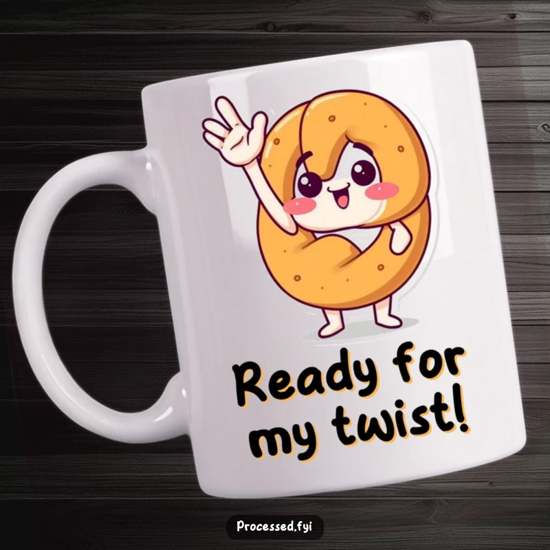 Funny mug featuring an anthropomorphic pretzel waving jauntily with an excited expression. Perfect for a cheerful start.