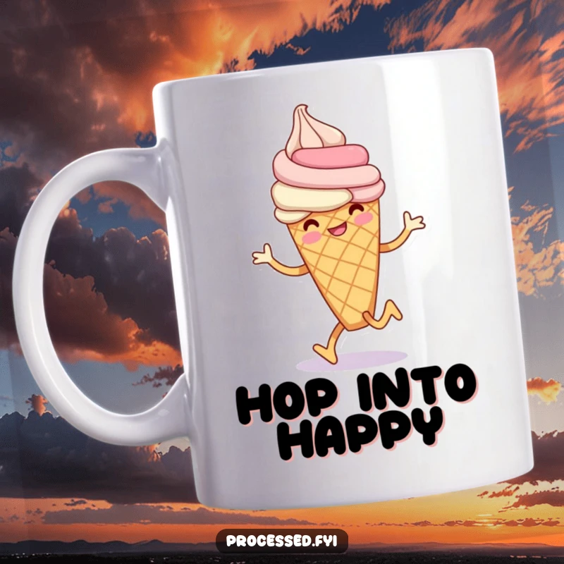 Funny ice cream cone mug featuring a smiling anthropomorphic ice cream cone doing a playful little hop, full of sugary delight.