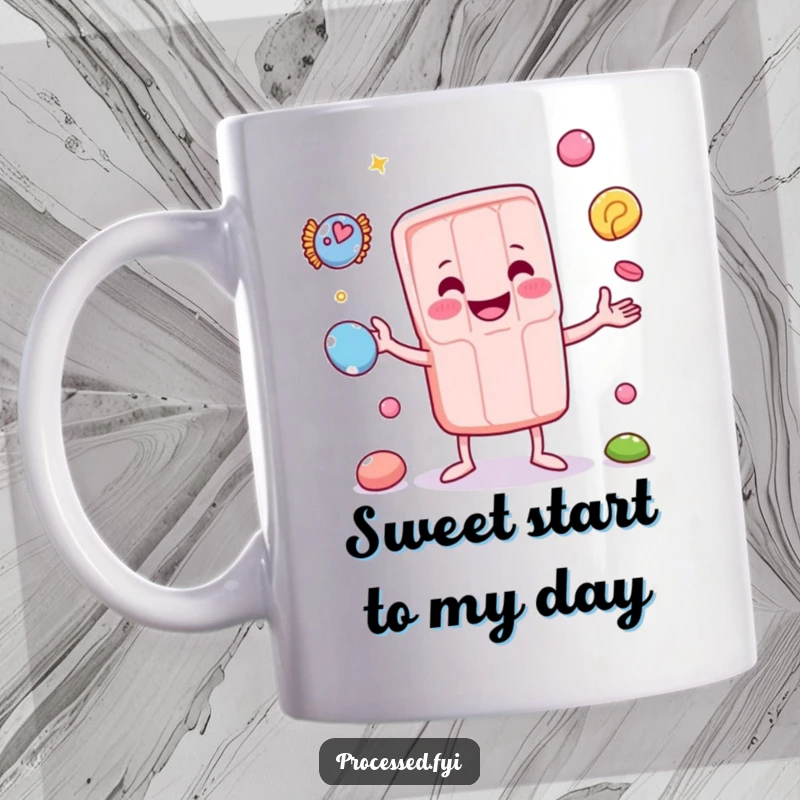Funny mug depicting a smiling anthropomorphic candy bar expertly juggling small candies. A delightful and humorous design.
