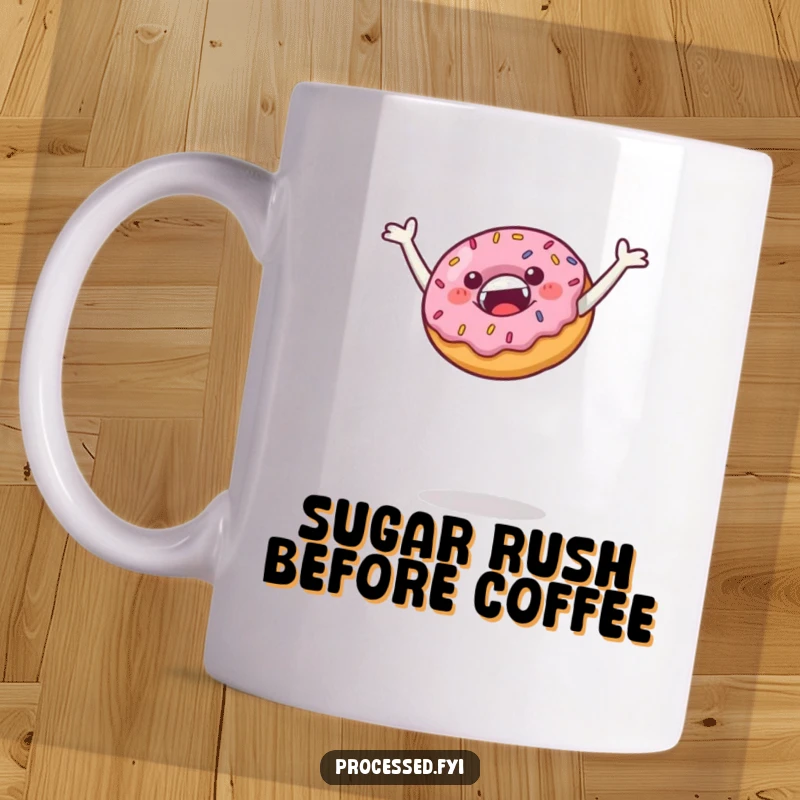 Funny mug depicting a jubilant donut with sprinkles leaping high into the air, embodying pure joy and sweet celebration.
