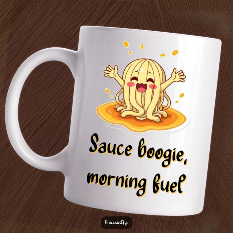 Funny mug featuring a wacky cartoon noodle with arms flailing wildly, joyfully splashing in a delicious puddle of sauce.