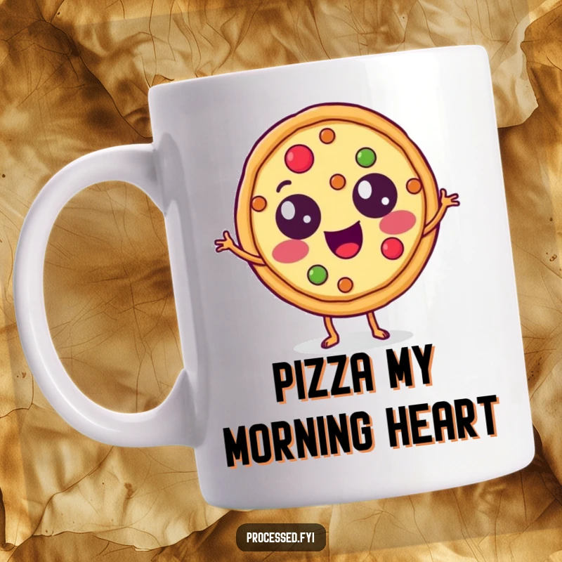 Funny Mug featuring a happy, round pizza slice character with topping eyes doing a merry jig, embodying cheesy delight.