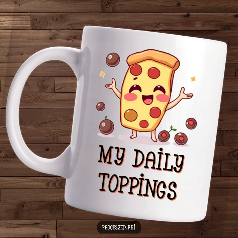 Funny pizza slice character, smiling and playfully juggling olives, a true master of deliciousness. A cheerful mug.