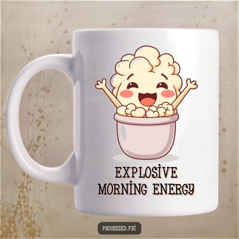 Funny, jovial popcorn character enthusiastically popping out of a tiny pot, radiating happiness. A cheerful design.