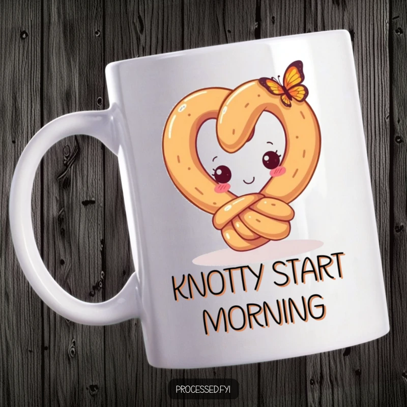 Funny mug with a curious pretzel, its knot happy, looking intently at a tiny butterfly, embodying gentle amusement.