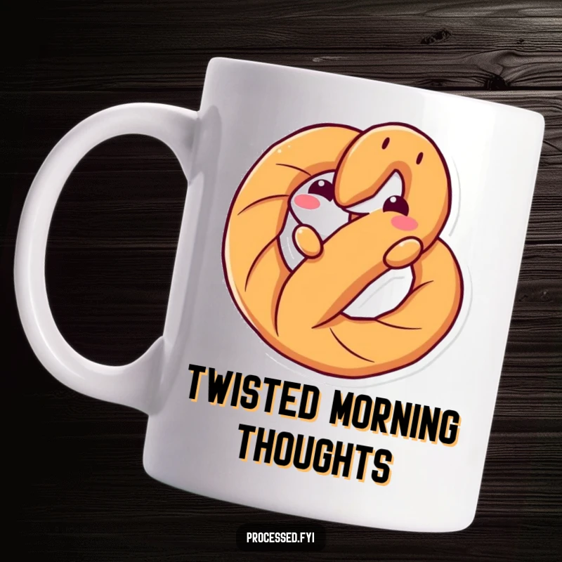 Funny mug featuring an anthropomorphic pretzel twisting playfully, showcasing a fun and savory snack character, perfect for gift-givers.
