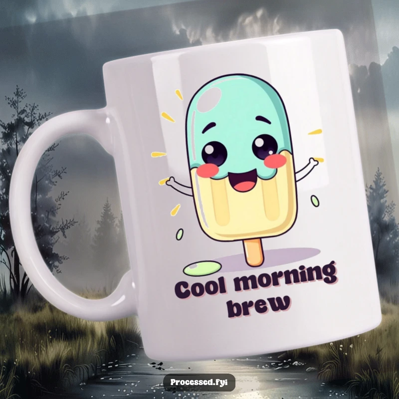 Funny mug with a cartoon popsicle character beaming proudly while melting slightly in the warm sun.
