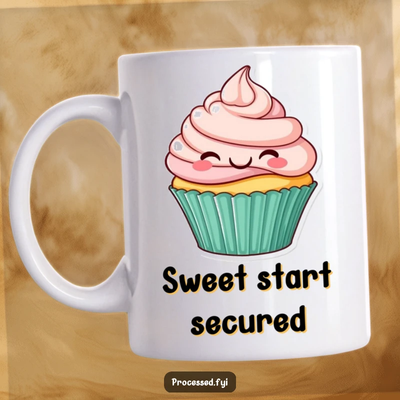 Funny mug showcasing a smiling cupcake with frosting swirls joyfully hopping, radiating pure dessert delight.