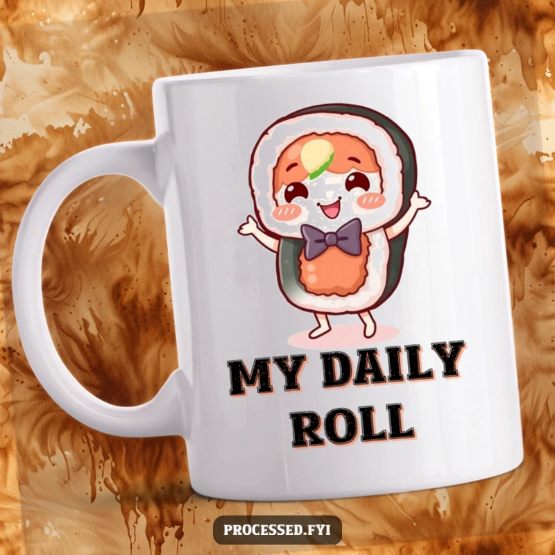 Funny sushi roll mug, a happy food character in a bow tie, doing a joyful little dance.