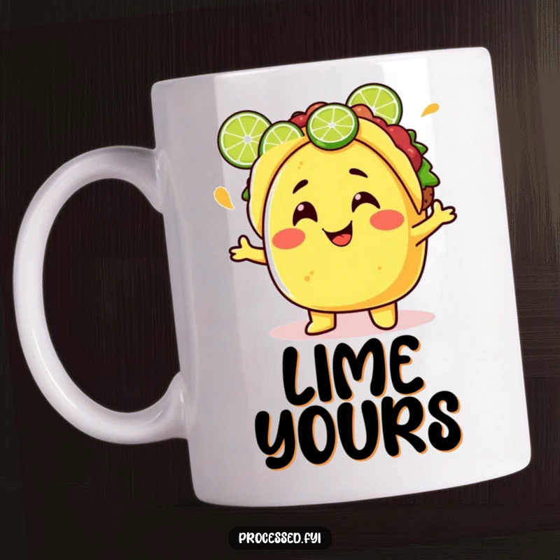 Funny Taco Mug featuring a cheerful character juggling lime wedges with a silly grin, bringing Mexican food humor.