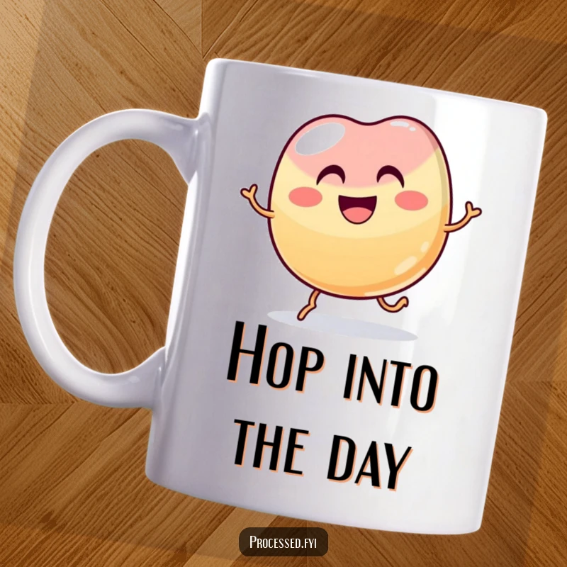 Funny wobbly jelly bean with a wide grin, doing a little hop, a humorous and colorful mug design.