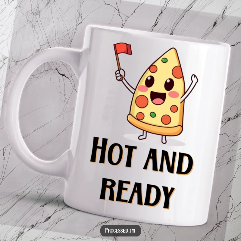 Funny mug featuring a delighted anthropomorphic pizza slice joyfully waving a tiny flag, radiating pure enthusiasm.