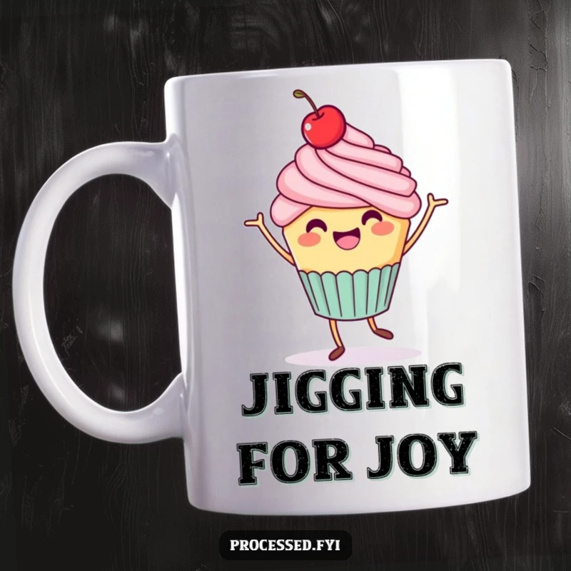 Funny Cupcake Jig Mug: A cheerful cupcake with a cherry on top dances with joy, spreading sweet celebration.