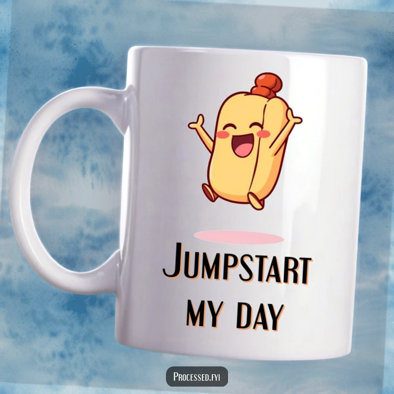 Funny Excited Hot Dog Mug: A happy, energetic hot dog in a bun, performing an excited little jump in the air.