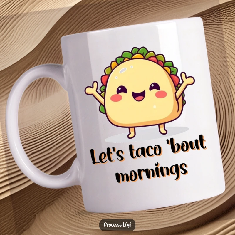 Funny Mug featuring a cheerful taco shell character with tiny waving arms, full of food-themed enthusiasm and joy.