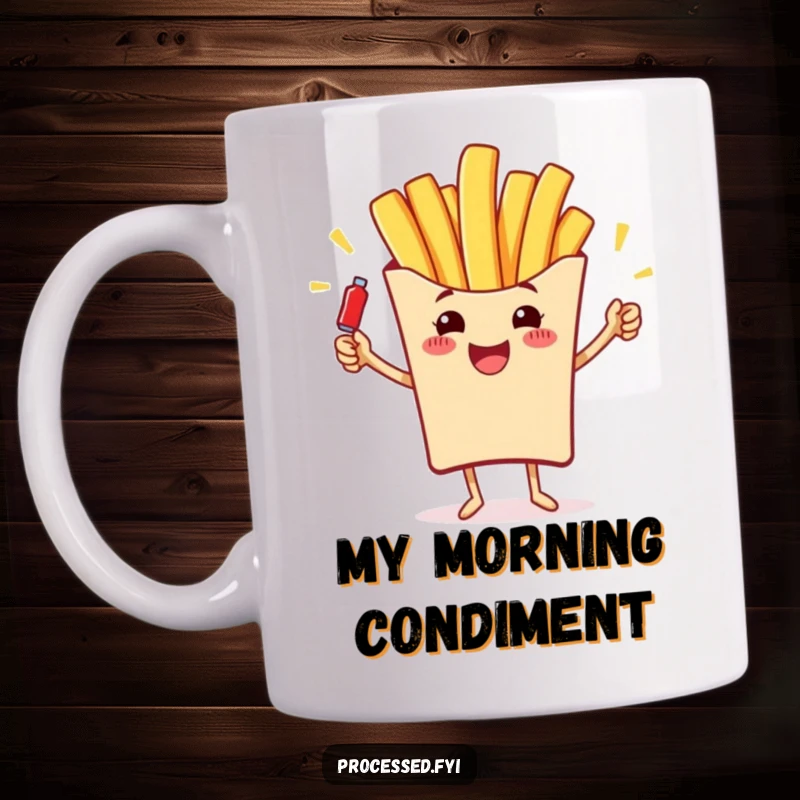Funny french fry mug, cheerful, with tiny face and arms, juggling miniature ketchup bottles, symbolizing playful food fun.