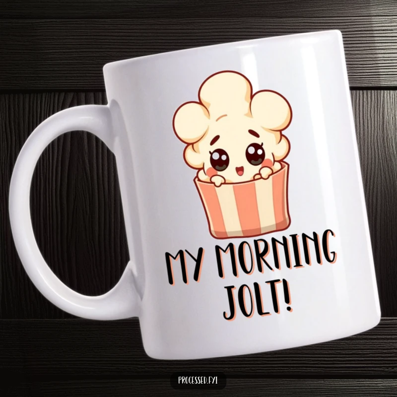 Funny popcorn kernel character popping out of a bag with wide surprised eyes, perfect for a movie lover's funny gift.