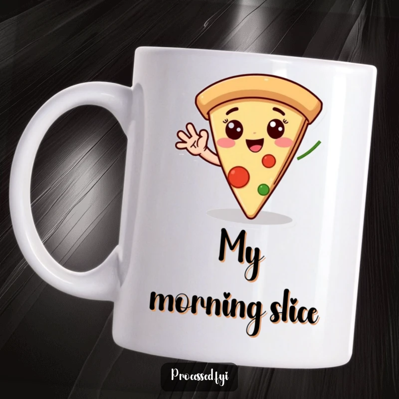 Funny mug featuring a joyful pizza slice with wide eyes, enthusiastically waving its pepperoni-adorned hand in a cheerful greeting.