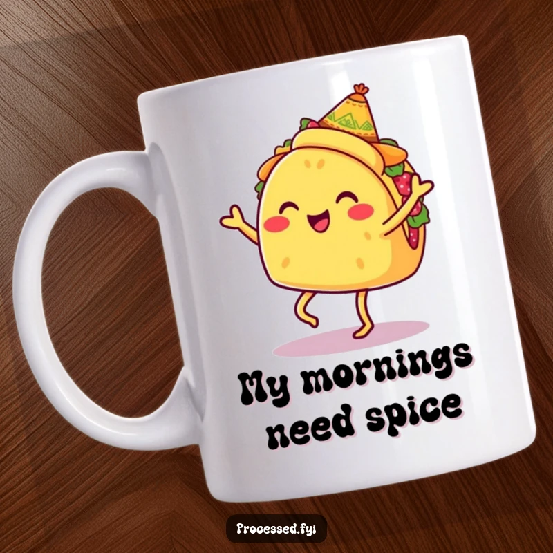 Funny mug featuring a smiling taco with legs, wearing a tiny sombrero, doing a happy jig, perfect for food lovers