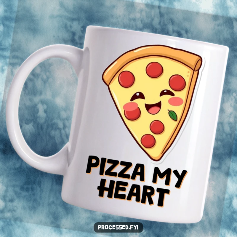 Funny mug featuring a joyful pizza slice with pepperoni, playfully winking, great for pizza lovers