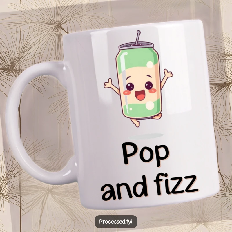Funny bubbly soda can captured mid-leap with pure excitement and joy, depicted on a humorous mug.