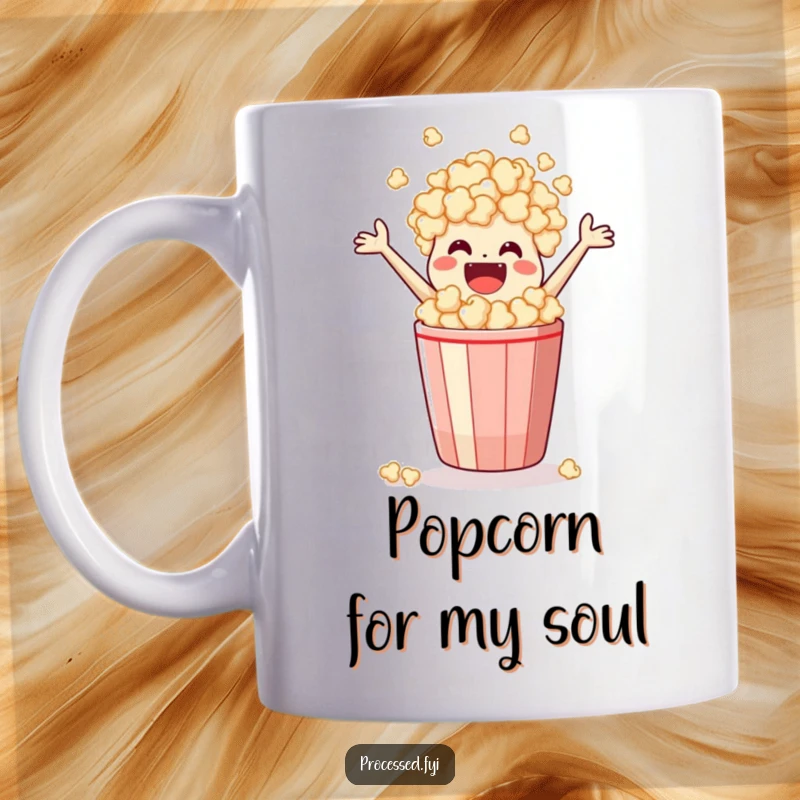 Funny Mug featuring a joyful bag of popcorn mid-leap from its container, showcasing a fun and exciting snack personality.