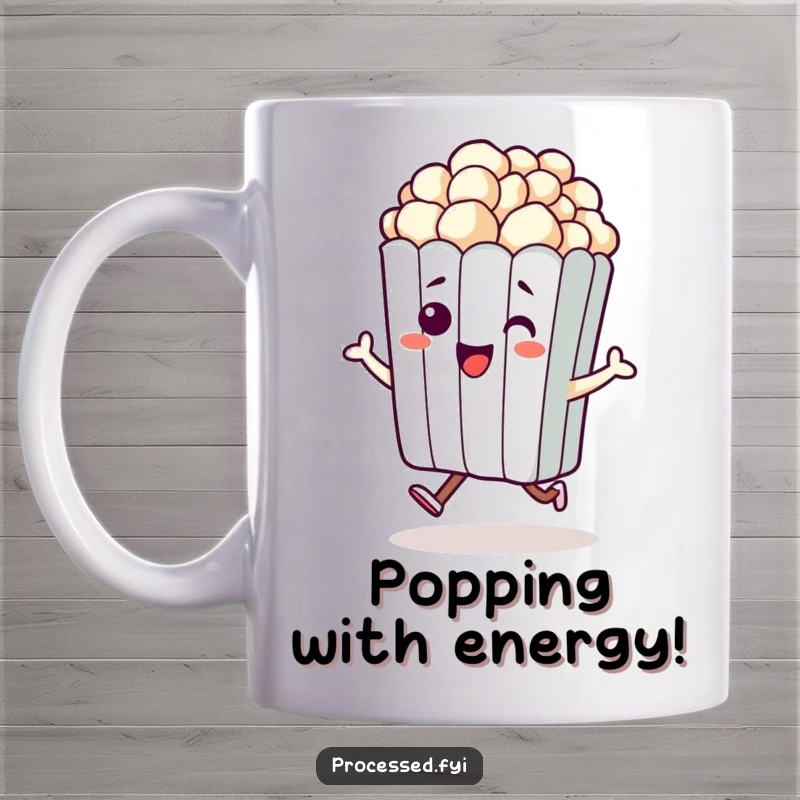 Funny mug depicting a beaming anthropomorphic bag of popcorn doing a joyful little hop. Perfect for a cheerful start.