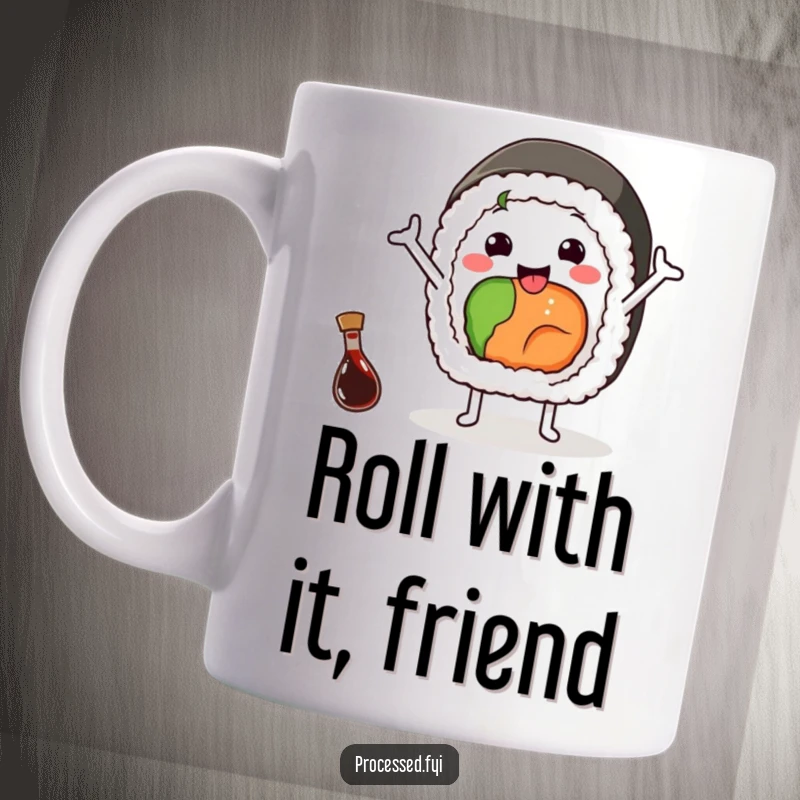 Funny mug featuring a happy sushi roll waving with arms, a small soy sauce bottle nearby, delightful and charming