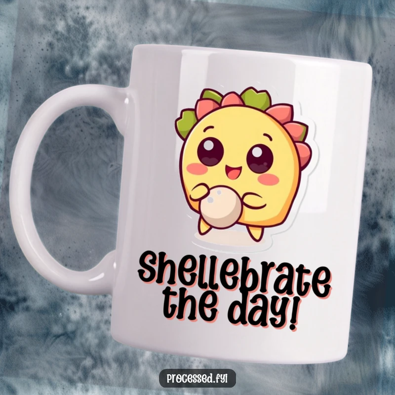 Funny mug showing a cheerful taco character with wide eyes, happily bouncing a small colorful ball, a playful and humorous design.