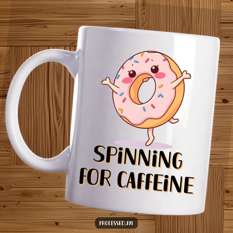 Funny donut mug with a cheerful, anthropomorphic donut performing a cartwheel with sprinkles, radiating pure, sugary fun and energy.