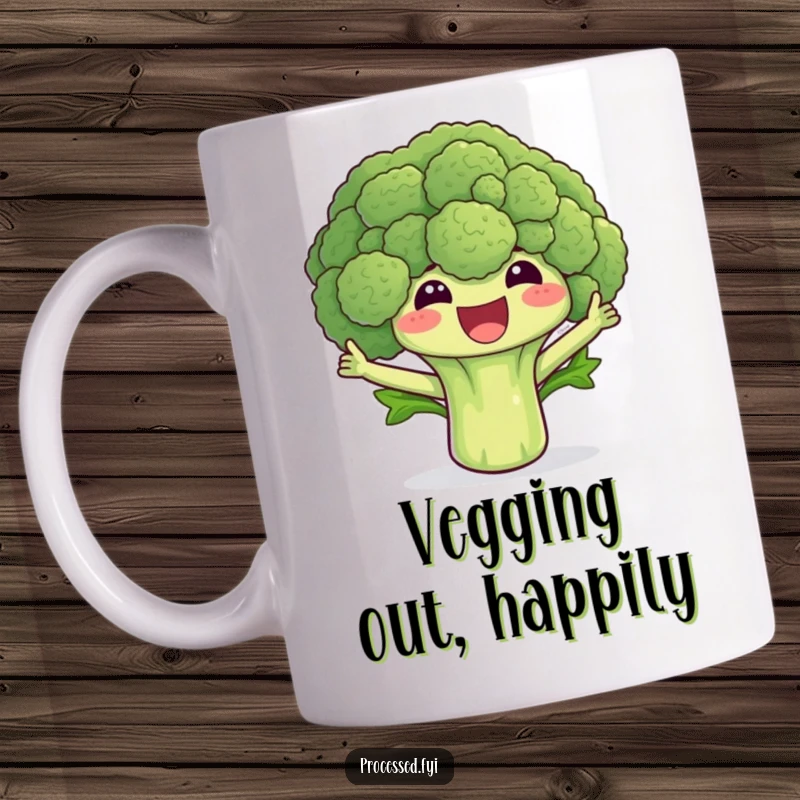 Funny broccoli floret mug gleefully waving its leaves, bringing cheerful and healthy humor to your beverage.