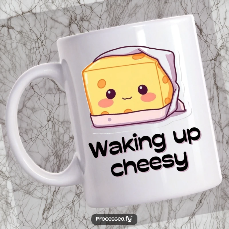 Funny Shy Cheese Mug: A blushing block of cheese with a shy smile, playfully peeking out from its wrapper.