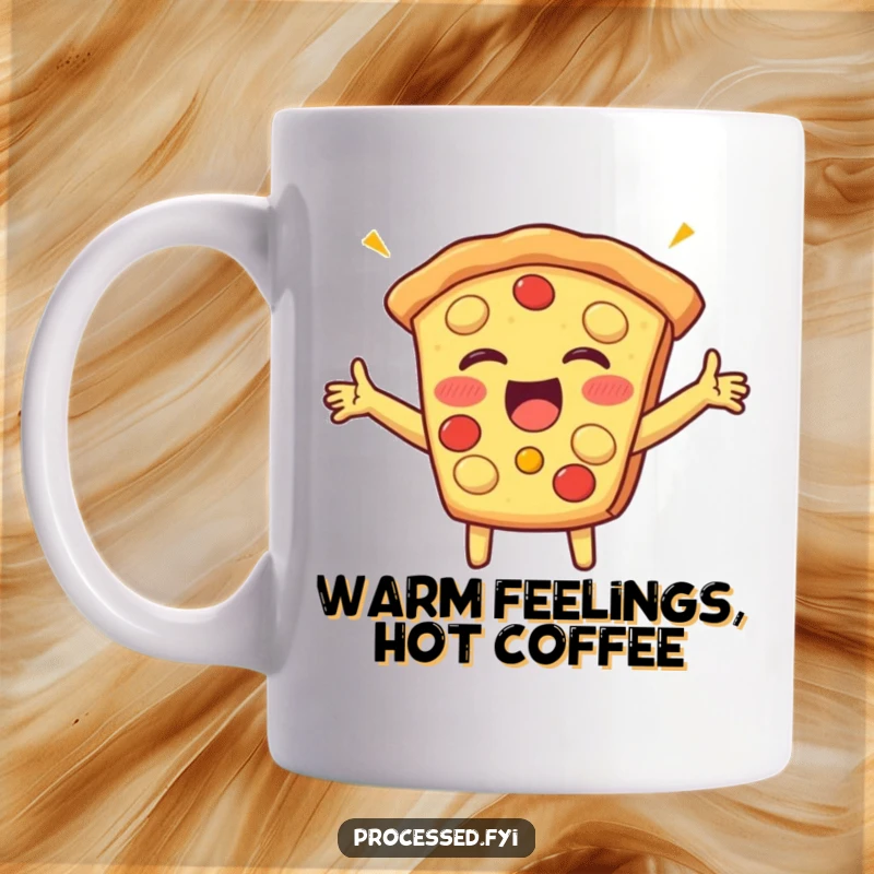 Funny mug featuring a beaming slice of pizza with arms outstretched, giggling openly with infectious joy, a perfect foodie gift.