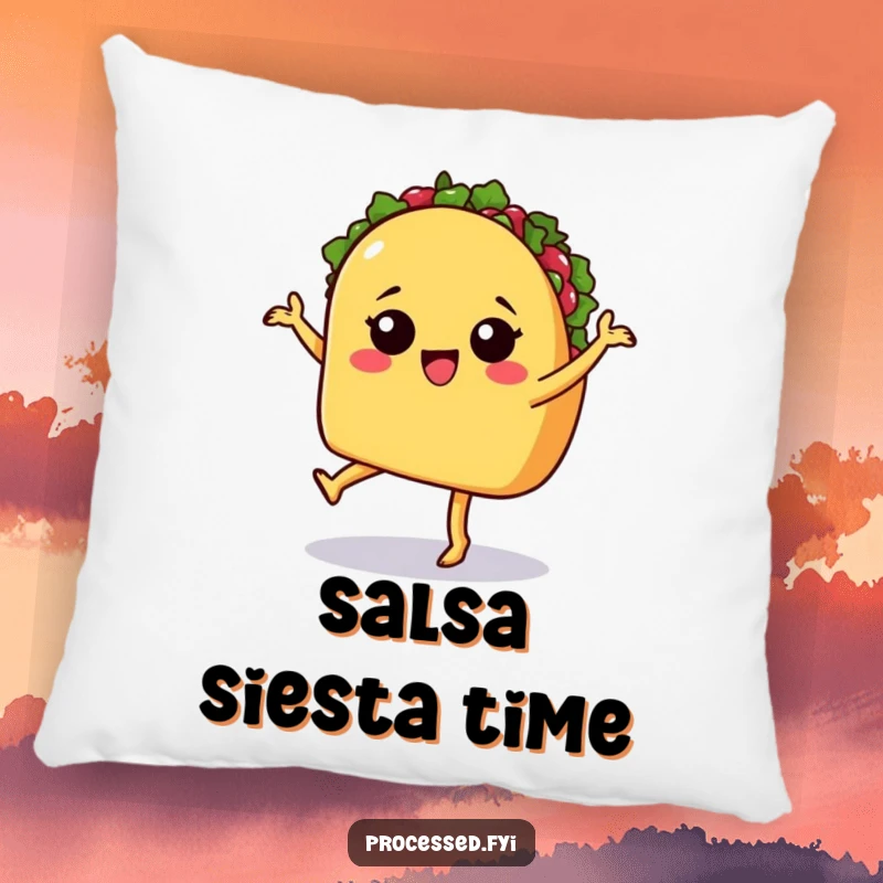 Funny pillow featuring a sassy taco with legs salsa dancing, offering comfort with a playful, festive touch.