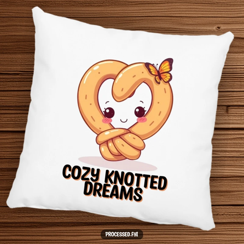 Funny pillow featuring a curious pretzel with a happy knot, looking at a tiny butterfly, offering soft comfort and whimsical humor.