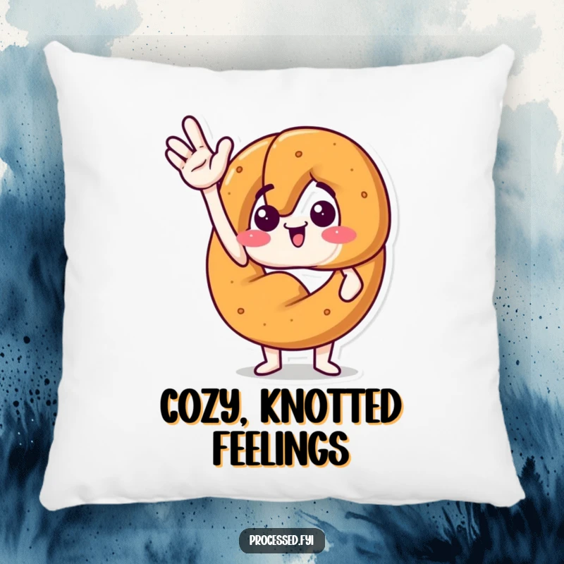 Funny pillow featuring a plush anthropomorphic pretzel waving excitedly, offering comfort and a cheerful greeting.