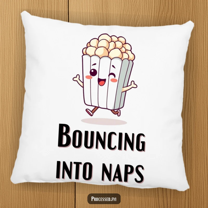 Funny pillow featuring a plush anthropomorphic bag of popcorn hopping happily, offering comfort and cheerful vibes.
