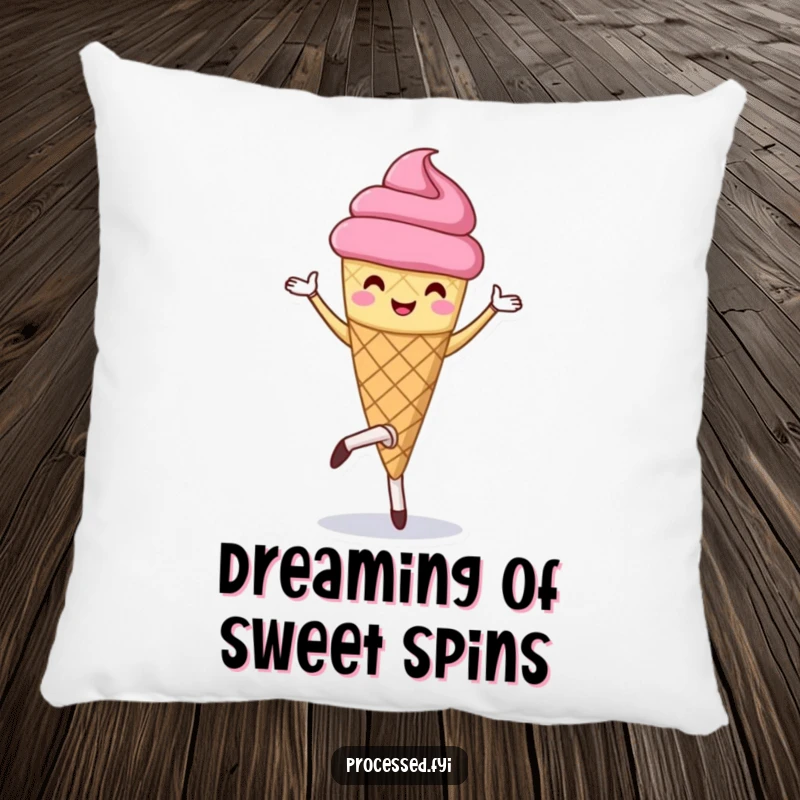 Funny pillow featuring a plush anthropomorphic ice cream cone doing a pirouette, offering comfort and sweet cheer.