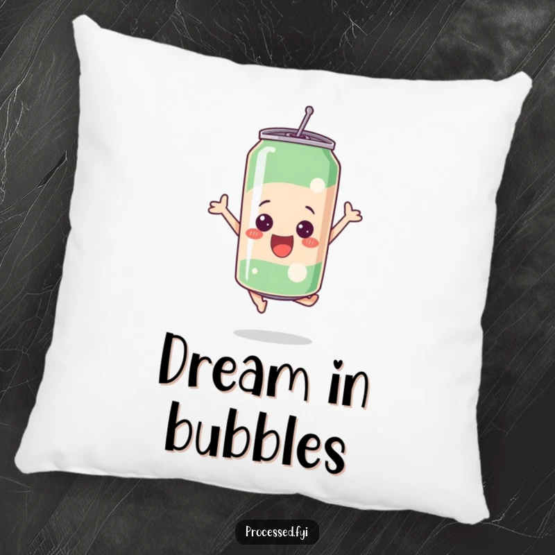 Funny bubbly soda can leaping with excitement, offering a soft and humorous decorative pillow.