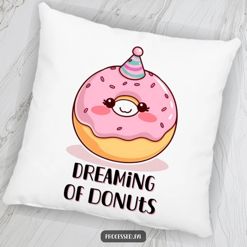 Funny Donut Pillow with a blushing character and party hat, offering comfort and a humorous decorative sweet treat touch.